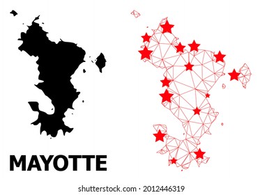 Mesh polygonal and solid map of Mayotte Islands. Vector model is created from map of Mayotte Islands with red stars. Abstract lines and stars are combined into map of Mayotte Islands.