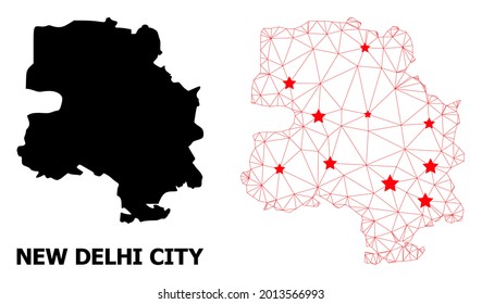 Mesh polygonal and solid map of New Delhi City. Vector structure is created from map of New Delhi City with red stars. Abstract lines and stars form map of New Delhi City.