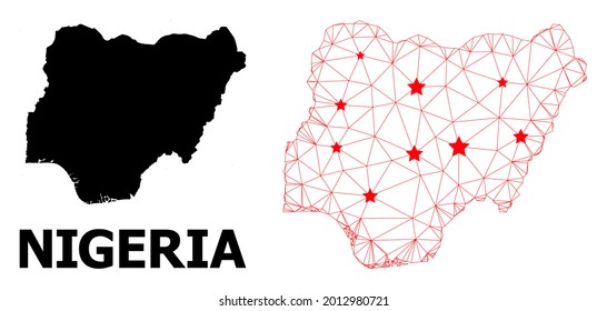 Mesh polygonal and solid map of Nigeria. Vector model is created from map of Nigeria with red stars. Abstract lines and stars are combined into map of Nigeria.