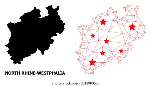 Mesh polygonal and solid map of North Rhine-Westphalia State. Vector structure is created from map of North Rhine-Westphalia State with red stars.