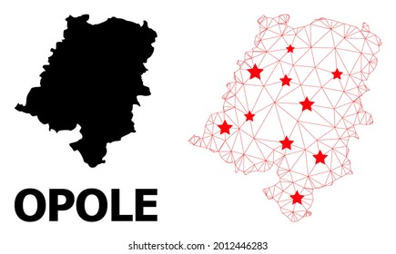 Mesh polygonal and solid map of Opole Province. Vector model is created from map of Opole Province with red stars. Abstract lines and stars are combined into map of Opole Province.