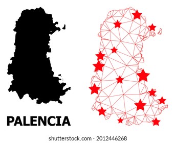 Mesh polygonal and solid map of Palencia Province. Vector model is created from map of Palencia Province with red stars. Abstract lines and stars are combined into map of Palencia Province.
