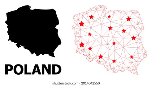 Mesh polygonal and solid map of Poland. Vector structure is created from map of Poland with red stars. Abstract lines and stars form map of Poland. Wire frame 2D polygonal mesh in vector EPS format.