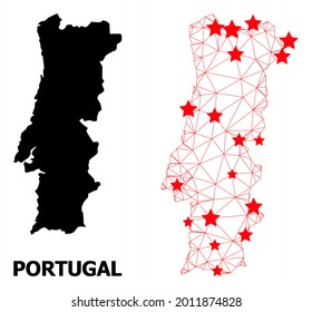 Mesh polygonal and solid map of Portugal. Vector structure is created from map of Portugal with red stars. Abstract lines and stars form map of Portugal. Wire frame 2D polygonal mesh in vector format.