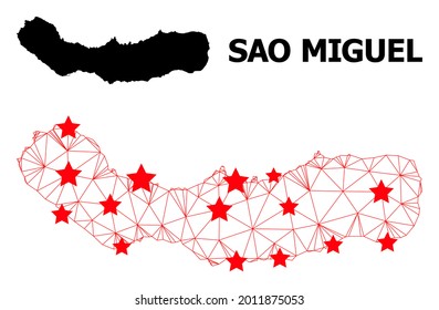 Mesh polygonal and solid map of Sao Miguel Island. Vector model is created from map of Sao Miguel Island with red stars. Abstract lines and stars form map of Sao Miguel Island.