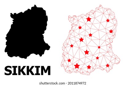 Mapa poligonal y sólido de malla del estado Sikkim. El modelo vectorial se crea a partir del mapa del estado Sikkim con estrellas rojas. Líneas abstractas y estrellas forman un mapa del estado de Sikkim.