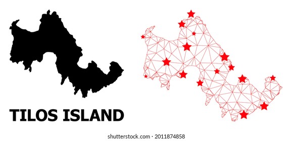 Mesh polygonal and solid map of Tilos Island. Vector structure is created from map of Tilos Island with red stars. Abstract lines and stars are combined into map of Tilos Island.