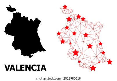 Mesh polygonal and solid map of Valencia Province. Vector model is created from map of Valencia Province with red stars. Abstract lines and stars are combined into map of Valencia Province.