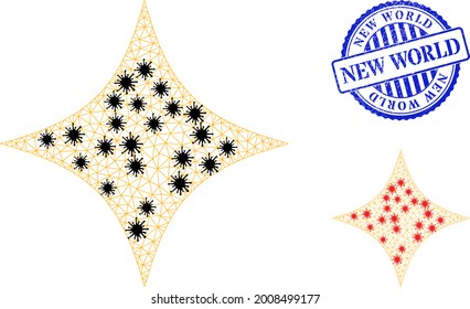 Ilustración de estrellas del espacio poligonal de malla en estilo de brote, y estampado azul de angustia alrededor del Nuevo Mundo. La abstracción se basa en un icono de estrella espacial con centros infecciosos negros y rojos.