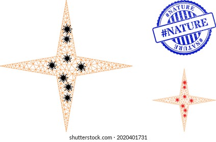 Mesh polygonal space star icons illustration with lockdown style, and textured blue round hashtag Nature stamp seal. Carcass model is based on space star icon with black and red virus items.