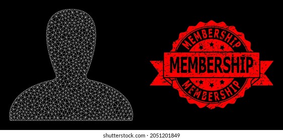 Mesh persona de gema poligonal sobre un fondo negro, y imitación de sello de goma de la membresía. La marca roja contiene texto de pertenencia dentro de la cinta.