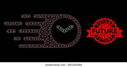 Mesh polygonal speed time on a black background, and Future grunge ribbon seal print. Red stamp seal includes Future tag inside ribbon. Vector constellation created from speed time icon with mesh.