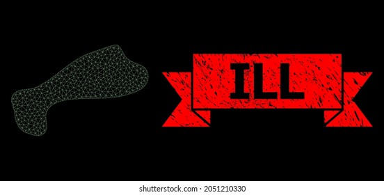 Mesh polygonal spot on a black background, and Ill corroded ribbon stamp. Red stamp seal contains Ill caption inside ribbon. Vector constellation created from spot icon with triangular net.