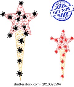Mesh polygonal star start symbols illustration designed using lockdown style, and rubber blue round Get Now badge. Carcass model is based on star start icon with black and red virus centers.