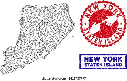 Mesh polygonal Staten Island map and grunge seal stamps. Abstract lines and dots form Staten Island map vector model. Round red stamp with connecting hands.