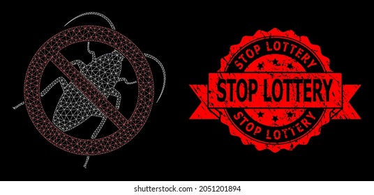 Cucaracha poligonal de malla sobre un fondo negro y imitación del sello de la cinta de grunge Stop Lottery. El sello rojo contiene la etiqueta Stop Lottery dentro de la cinta.