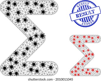Mesh polygonal sum icons illustration with infection style, and grunge blue round Result stamp. Abstraction is based on sum icon with black and red coronavirus elements.