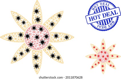 Mesh polygonal sun shine icons illustration designed using lockdown style, and scratched blue round Hot Deal stamp seal.