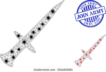 Mesh polygonal sword symbols illustration designed using lockdown style, and grunge blue round Join Army stamp. Carcass model is created from sword icon with black and red coronavirus items.