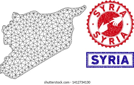 Mesh polygonal Syria map and grunge seal stamps. Abstract lines and spheric points form Syria map vector model. Round red stamp with connecting hands.