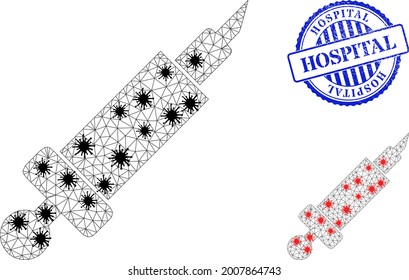 Mesh polygonal syringe icons illustration with infection style, and scratched blue round Hospital seal. Carcass model is created from syringe icon with black and red coronavirus centers.