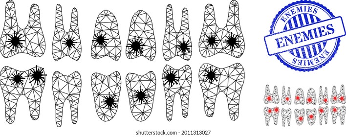 Mesh polygonal teeth jaw icons illustration with outbreak style, and textured blue round Enemies stamp seal. Abstraction is based on teeth jaw icon with black and red infection nodes.
