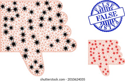Mesh polygonal thumb down icons illustration with lockdown style, and grunge blue round False seal. Carcass model is based on thumb down icon with black and red Covid elements.