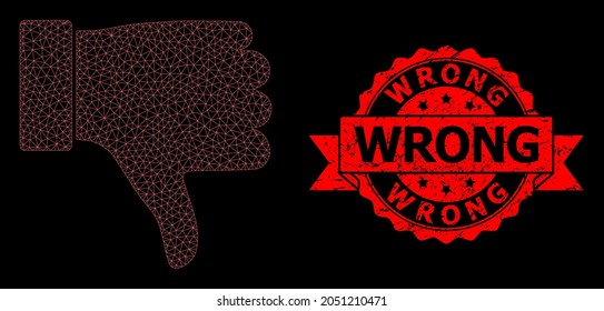 Mesh polygonal thumb down on a black background, and Wrong scratched ribbon stamp. Red stamp seal includes Wrong caption inside ribbon. Vector model created from thumb down icon with mesh.