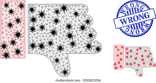 Mesh polygonal thumb down symbols illustration in infection style, and grunge blue round Wrong stamp seal. Carcass model is based on thumb down icon with black and red coronavirus centers.