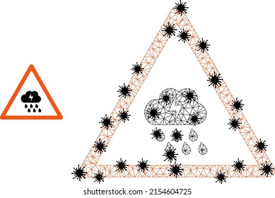 Ilustración del icono de advertencia de tormenta poligonal de malla en estilo de infección. El modelo Carcass se basa en el icono de aviso de tormenta eléctrica con centros de coronavirus negros.