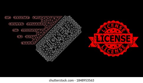 Mesh polygonal ticket on a black background, and License scratched ribbon stamp seal. Red stamp seal has License title inside ribbon. Vector constellation created from ticket icon with triangular net.