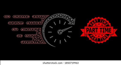 Tiempo poligonal de malla sobre un fondo negro y sello de marca de cinta impuro de tiempo parcial. El sello rojo contiene el título de tiempo parcial dentro de la cinta. Constelación vectorial creada a partir del icono de tiempo con malla.