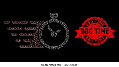 Mesh polygonal time on a black background, and Bbg Time scratched ribbon stamp. Red stamp includes Bbg Time title inside ribbon. Vector model created from time icon with mesh.