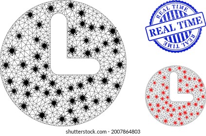 Mesh polygonal time symbols illustration with outbreak style, and rubber blue round Real Time stamp. Abstraction is based on time icon with black and red infectious elements.