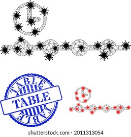 Mesh polygonal timeline symbols illustration in infection style, and textured blue round Table stamp seal. Carcass model is created from timeline icon with black and red infection elements.