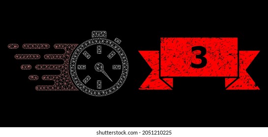 Mesh polygonal timer on a black background, and 3 grunge ribbon stamp seal. Red stamp has 3 text inside ribbon. Vector model created from timer icon with triangular net. Frame mesh polygonal timer.