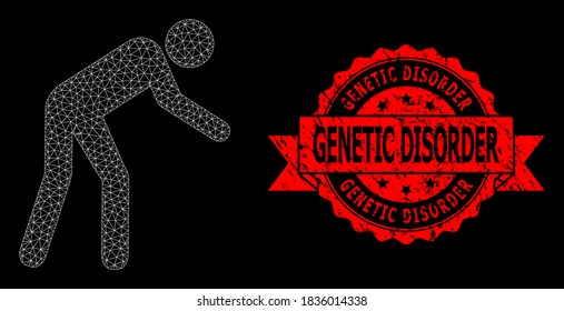 Mesh polygonal tired person on a black background, and Genetic Disorder corroded ribbon stamp. Red stamp seal contains Genetic Disorder caption inside ribbon.