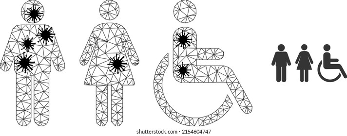 Mesh polygonal toilet person symbols symbol illustration in infection style. Model is based on toilet person symbols icon with black Covid centers.