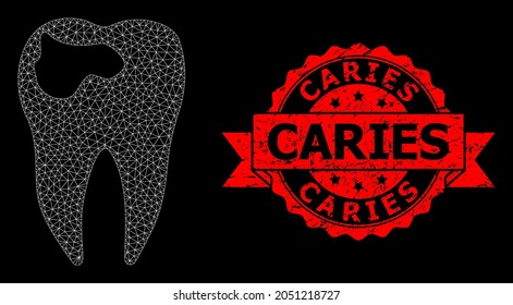 Mesh polygonal tooth caries on a black background, and Caries scratched ribbon seal imitation. Red seal has Caries tag inside ribbon. Vector constellation created from tooth caries icon with mesh.