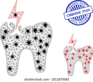 Mesh polygonal tooth crash icons illustration designed using infection style, and textured blue round Chronic Pain stamp seal.
