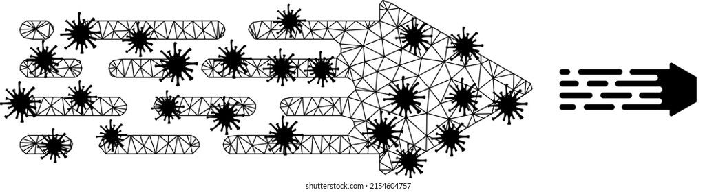 Mesh Polygonal Übergang Pfeil Symbol Illustration mit Schließungsstil. Die Abstraktion basiert auf einem Übergangspfeilsymbol mit schwarzen Coronavirus-Elementen.