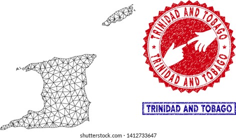 Mesh polygonal Trinidad and Tobago map and grunge seal stamps. Abstract lines and spheric points form Trinidad and Tobago map vector model. Round red stamp with connecting hands.