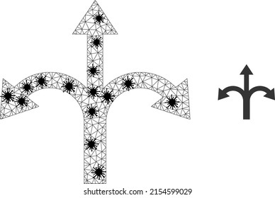 Mesh polygonal dreifach zweischneidig Pfeil Symbol Illustration im Infektionsstil. Das Modell basiert auf einem dreifachen Bifuration-Pfeilsymbol mit schwarzen ansteckenden Elementen.