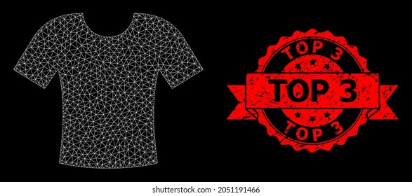 Mesh polygonal t-shirt on a black background, and Top 3 rubber ribbon seal print. Red seal includes Top 3 text inside ribbon. Vector model created from t-shirt icon with mesh.