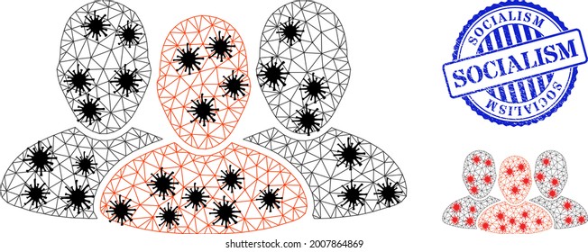 Mesh polygonal user group icons illustration in infection style, and rubber blue round Socialism stamp. Carcass model is based on user group icon with black and red Covid centers.