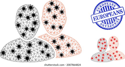 Mesh polygonal users icons illustration in outbreak style, and textured blue round Europeans stamp. Carcass model is created from users icon with black and red infection nodes.