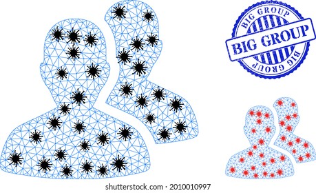 Mesh polygonal users icons illustration with outbreak style, and textured blue round Big Group stamp seal. Carcass model is created from users icon with black and red virus items.