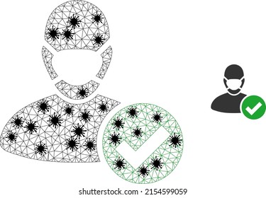 Mesh polygonal valid masked man symbol illustration with outbreak style. Carcass model is created from valid masked man icon with black virus nodes.