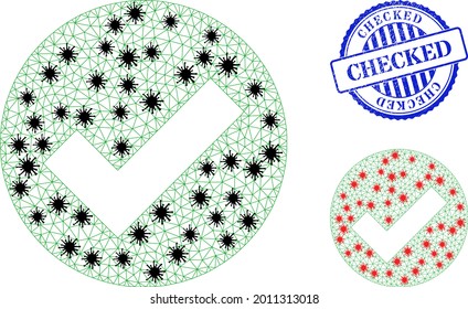 Ilustración de símbolos válidos poligonales de malla con estilo de bloqueo y sello de sello Checked azul de color azul angustia. El modelo de canales se crea a partir de un icono válido con elementos de virus negros y rojos.