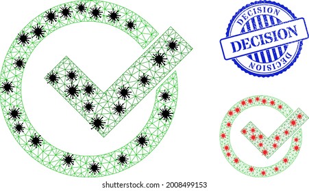 Mesh polygonal validation symbols illustration in infection style, and scratched blue round Decision stamp. Model is based on validation icon with black and red infection items.